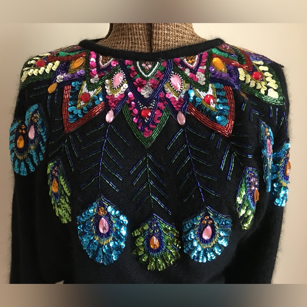 Vintage Sequin & Beaded Cedars Black Knit Dress Sweater Size: M - Picture 13 of 14
